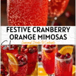 Sparkling glasses of Cranberry Orange Mimosas garnished with cranberries and orange slices on a brunch table.